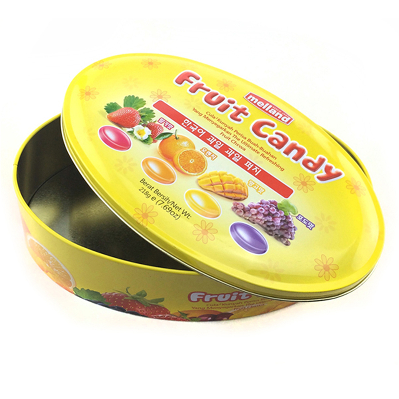 Scatola di latta per caramelle di frutta a forma ovale personalizzata con logo in rilievo