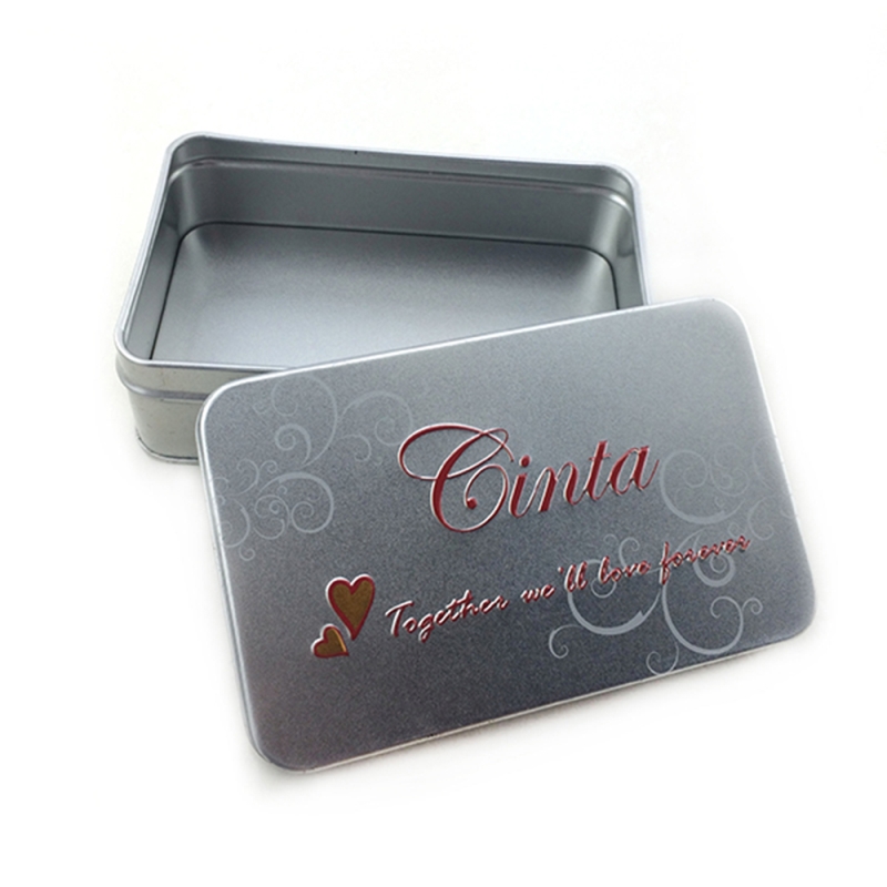 Scatola di latta cosmetica rettangolare con vernice argento personalizzata con logo in rilievo
